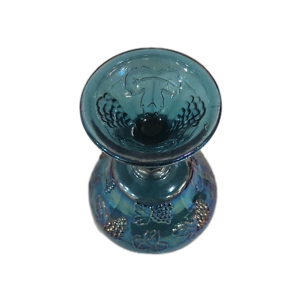 Vtg Iridescent Blue Carnival Glass Candy Dish Pedestal Bowl Grape Indiana 8″