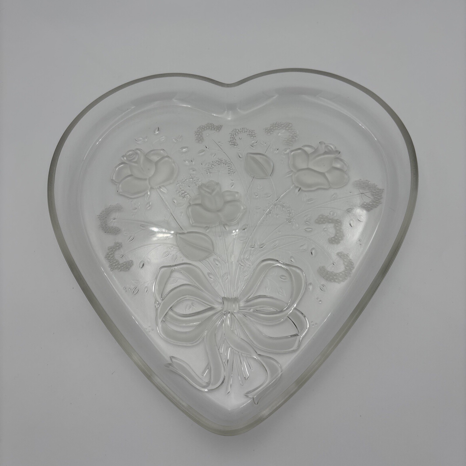 Vintage Mikasa Crystal Heart Shaped Serving Tray Pink Rose Bouquet and Bow 1980
