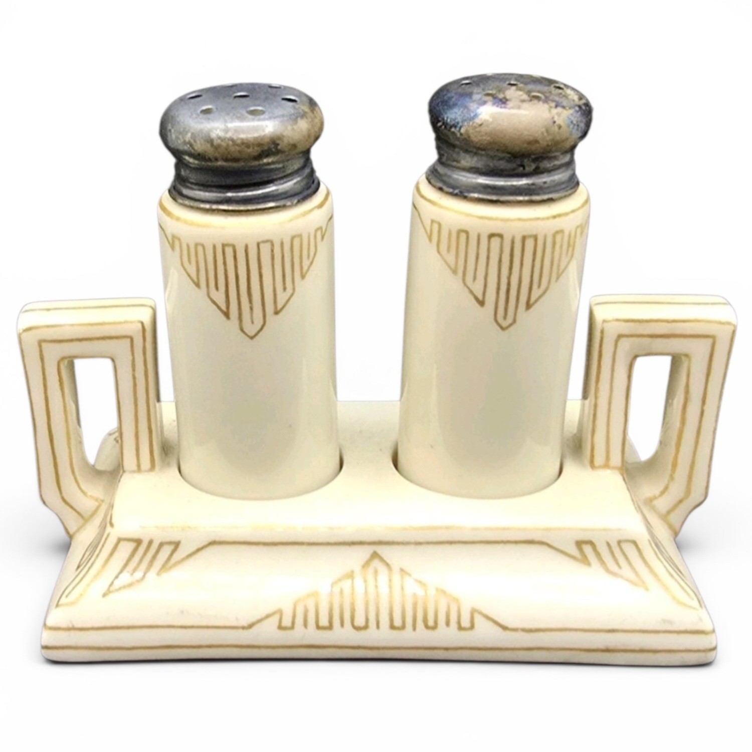 Antique 1906 Lenox Belleek Porcelain Salt & Pepper Shaker Set w/ Stand Art Deco