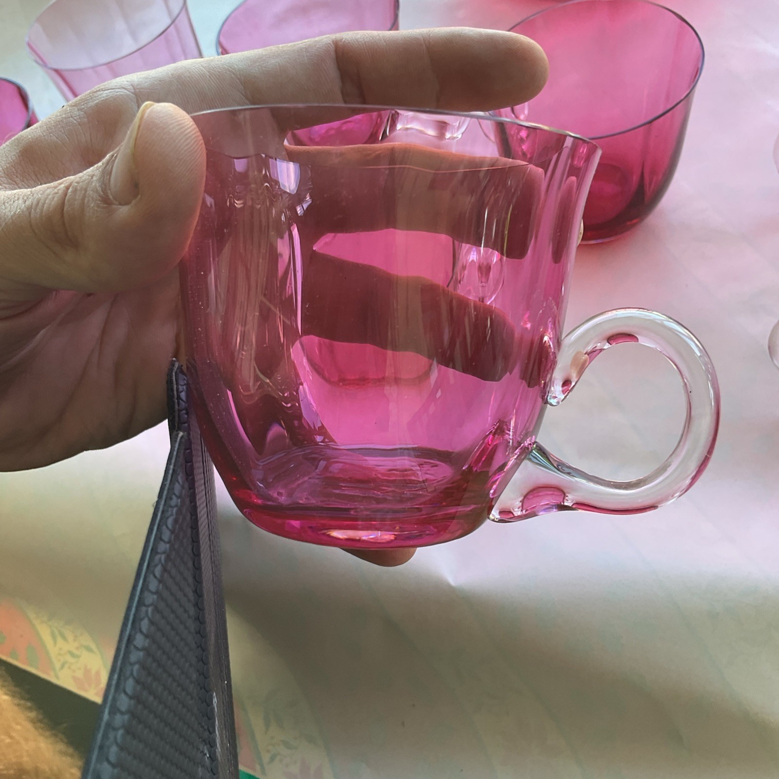 Antique Cranberry Pink Glass Punch Bowl Set w/ 10 Handled Cups Pilgrim Optic