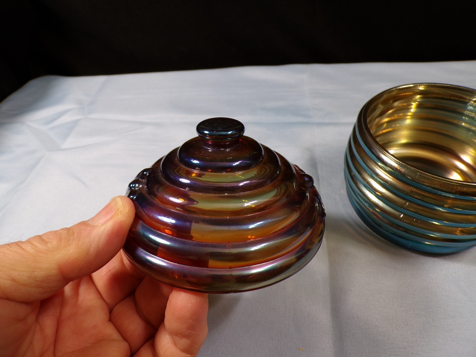 Jeannette Glass Bluish l Iridescent Beehive Covered Honey Pot INV2
