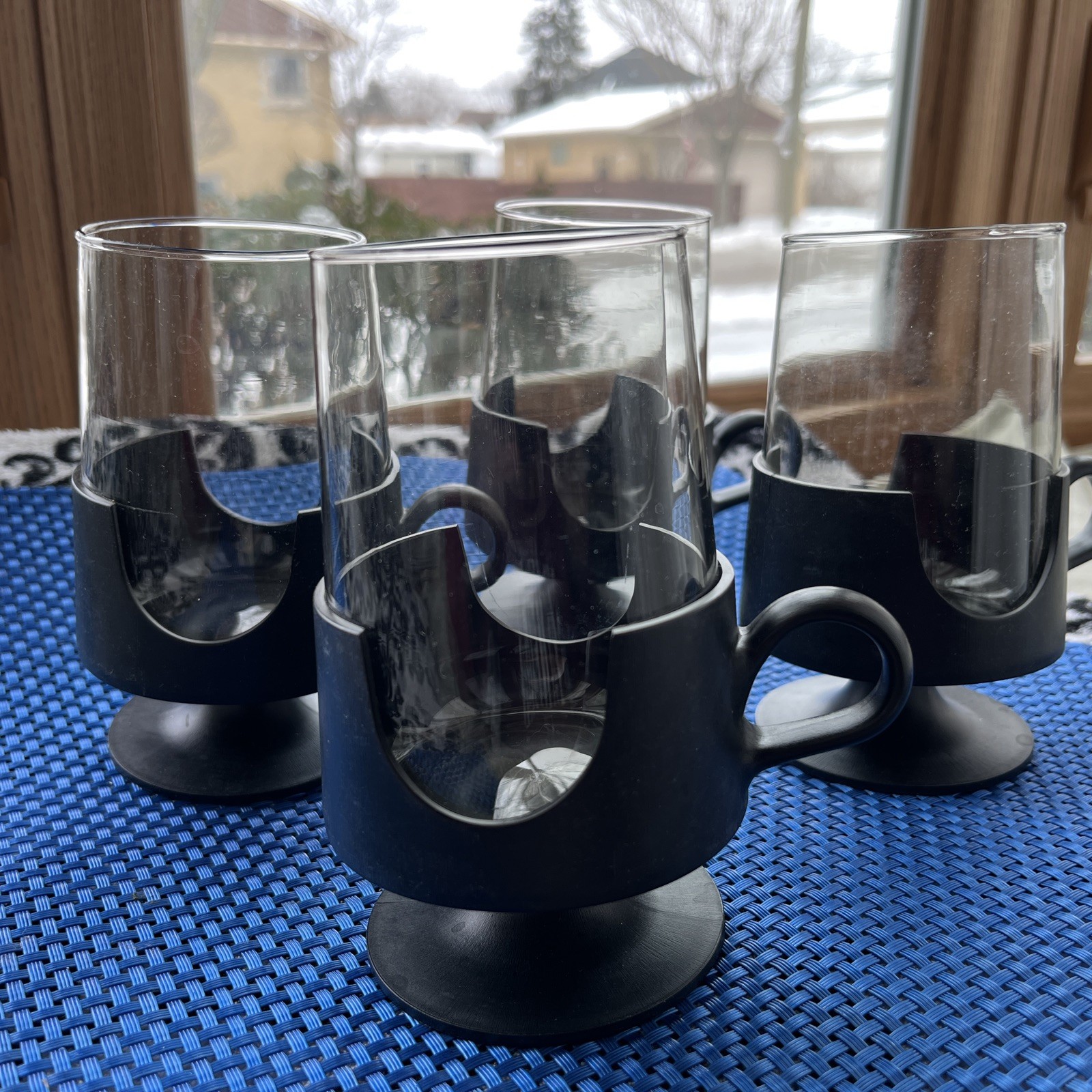 Vintage Glass Snap by Corning Black Handle Clear Glass 8oz Hot / Cold Lot of 4