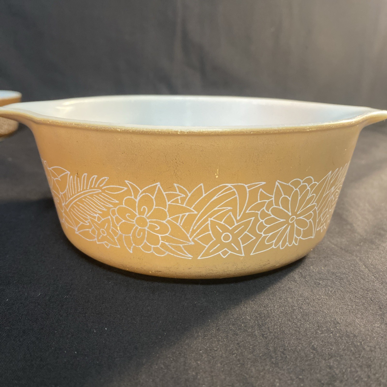 2 Vtg Pyrex Woodland 6” Casserole Dishes W/ Lid-Brown & Tan 2.5”/2”(472-B/471-B)