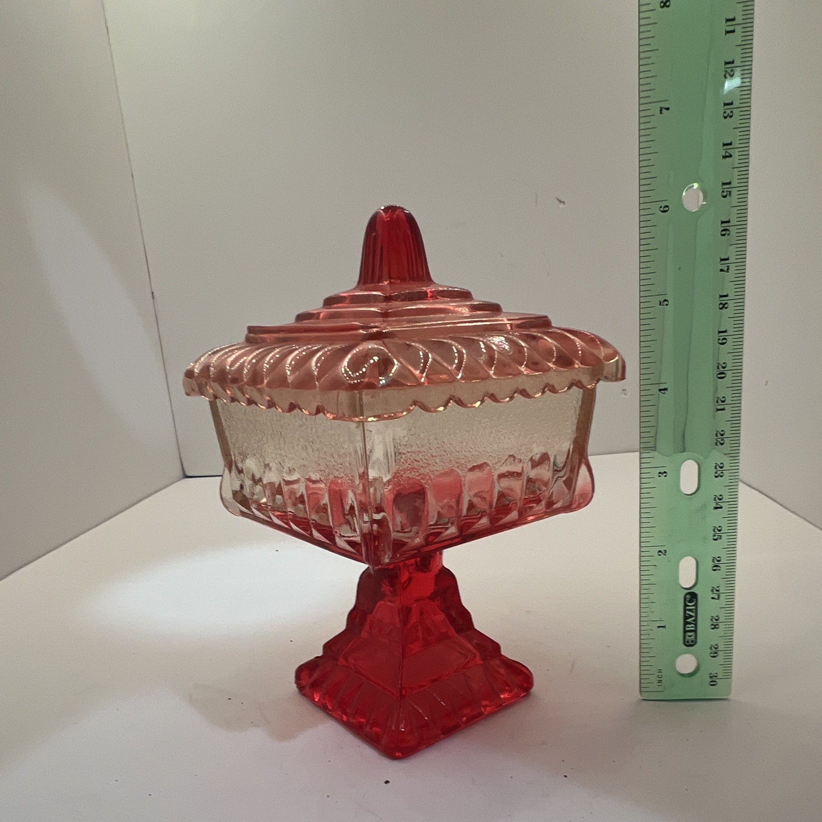 Red & Clear Glass Square Pedestal Covered Dish w/ Lid 7.75in H x 5.75in W