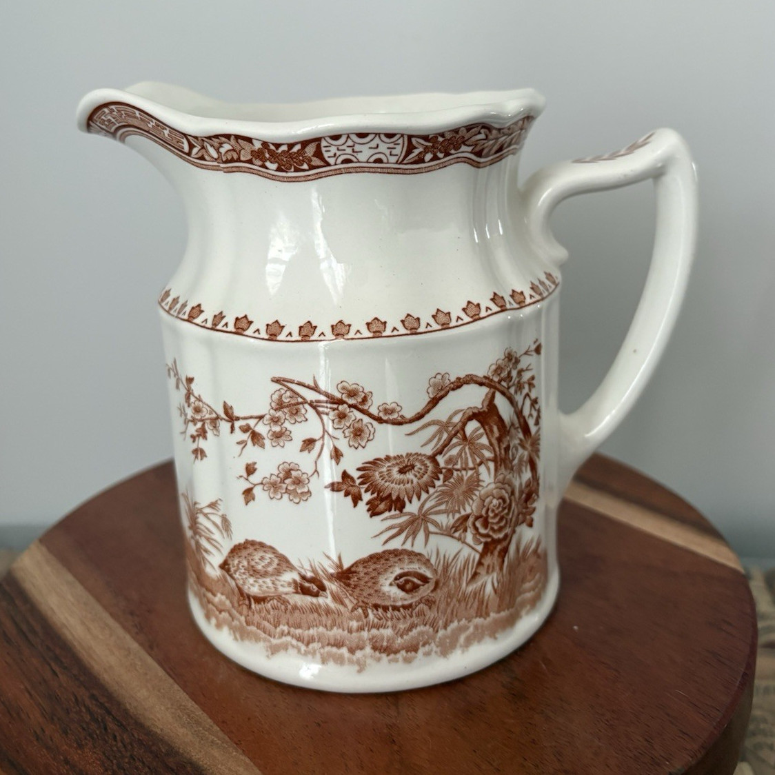 White & Brown Ceramic Floral Transferware Pitcher, Glossy Decorative Finish