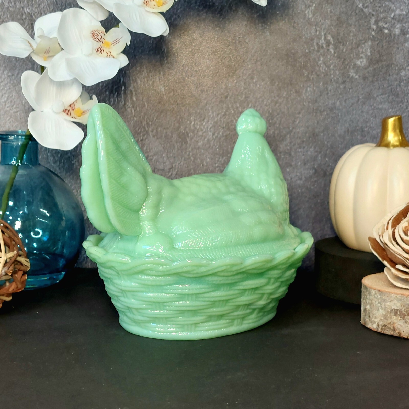 Hen on Nest Chicken Candy Dish, Green Jadeite Glass Depression Style, VTG Style
