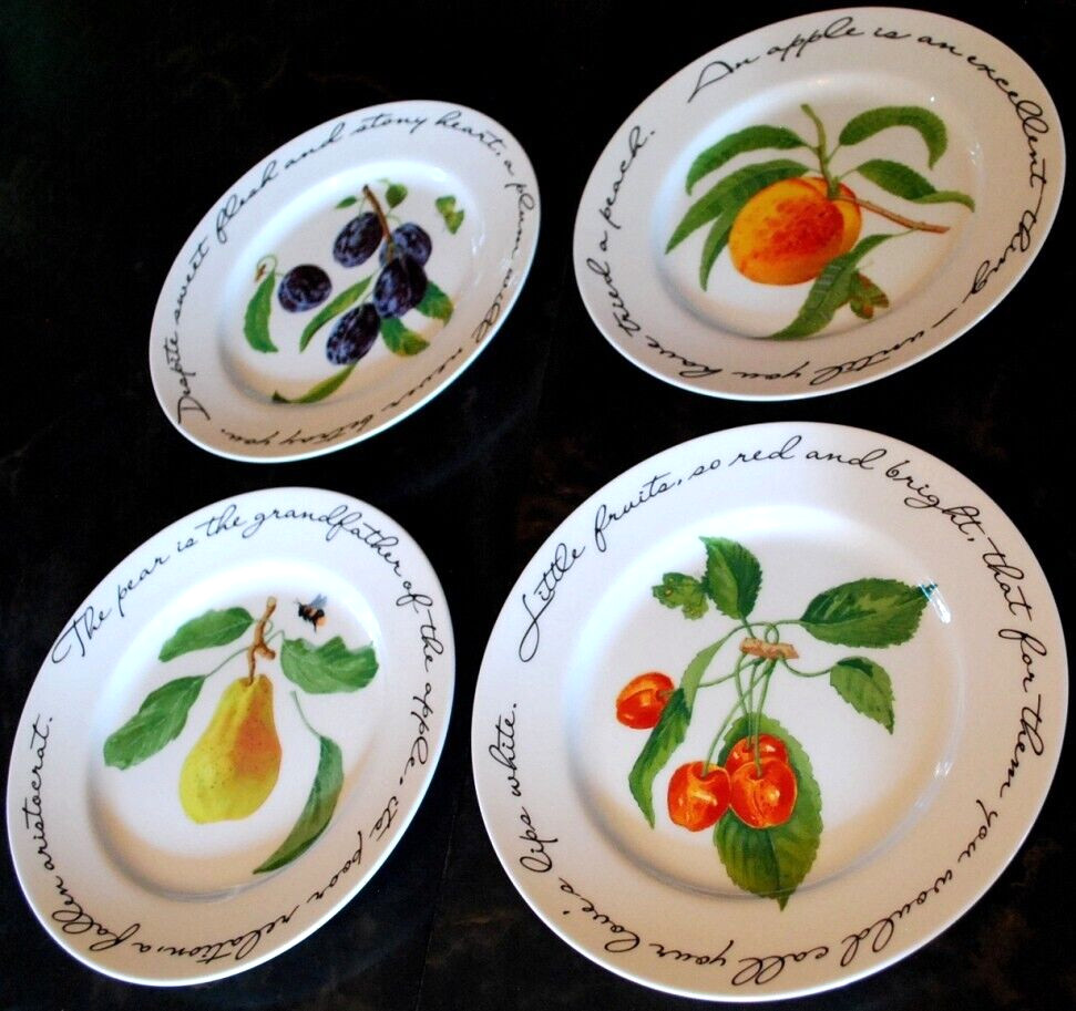 Vintage Set 4 ORCHARD SUITE Williams Sonoma Dessert Plates FRUIT/POETRY 7 7/8″
