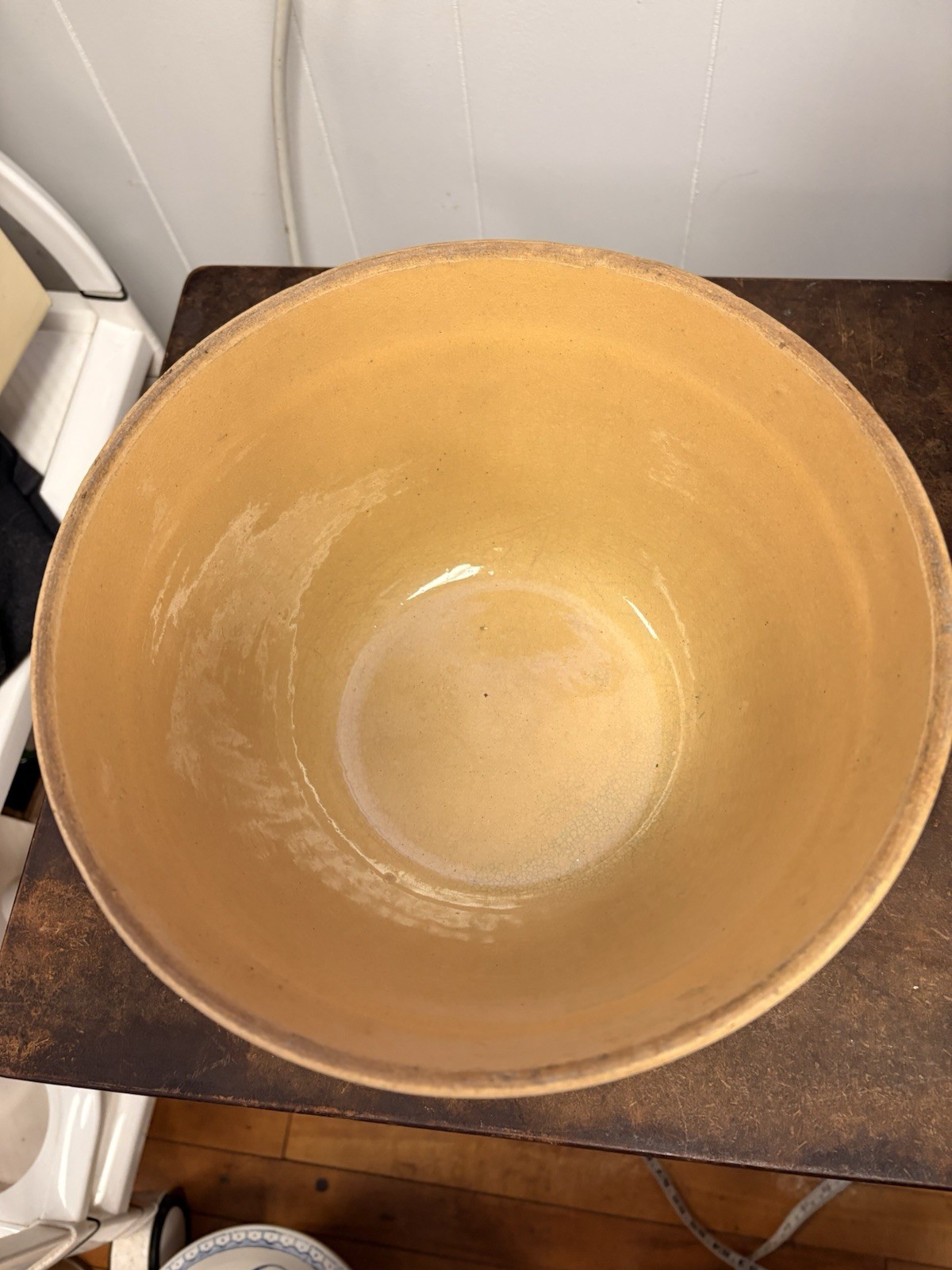 Beige & Blue Ceramic Band Pattern Round Glossy Bowl, Approx. 9 in Diameter
