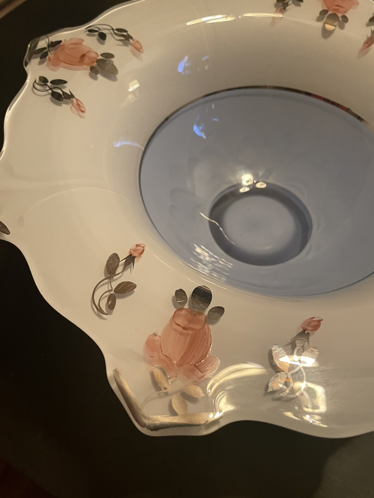 Baby Blue Art glass Bowl Pink Roses Platinum trim on Clear & White Glass