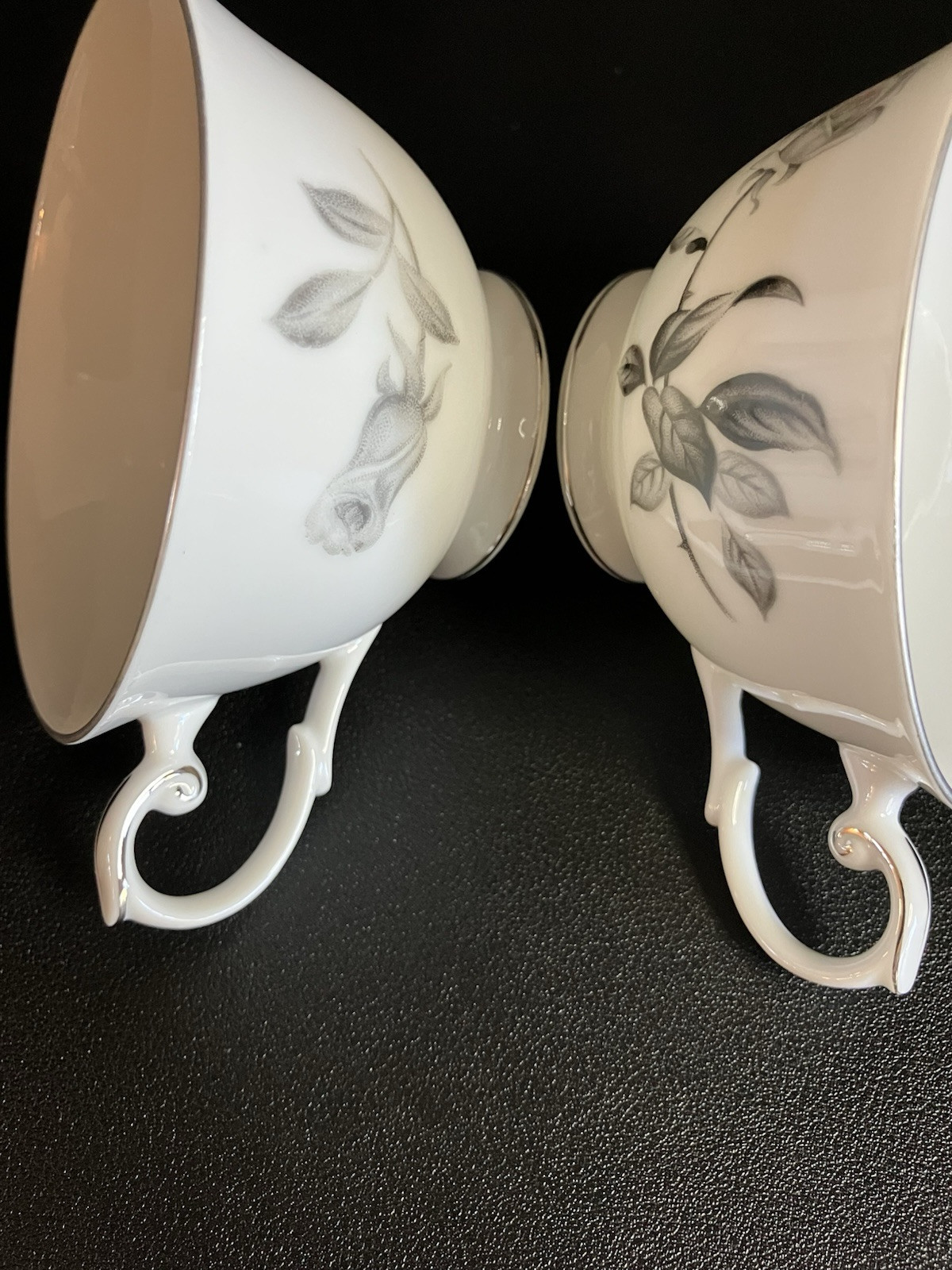 Yamaka Fine China, Nocturne Gray Rose, 2 sets of Cups & Saucers, Platinum Rim