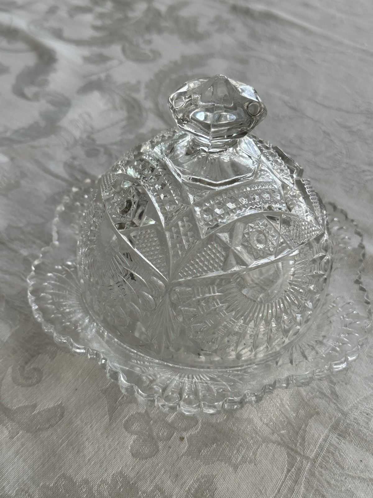 Antique US Glass Co. Rising Sun Clear Lead Crystal Glass Round Covered Butter