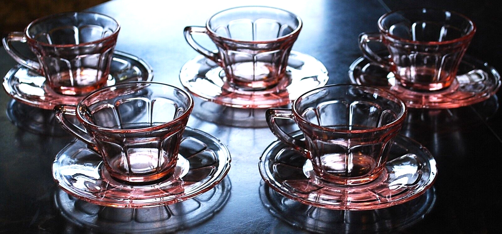Vtg Set 5 ‘VICTORY’ PINK DEPRESSION GLASS Cups/Matching Saucers c1930 By Diamond