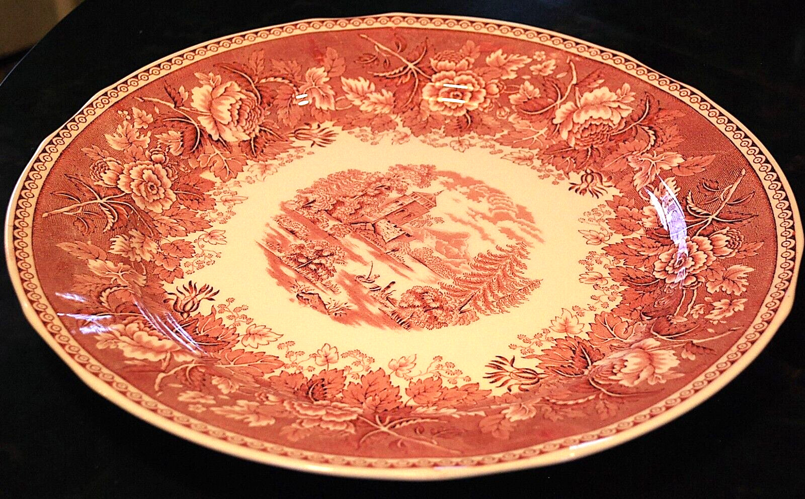 Vtg ‘LANDSCAPE RED’ 14″ Round Chop Plate Platter ARABIA FINLAND Transferware Exc