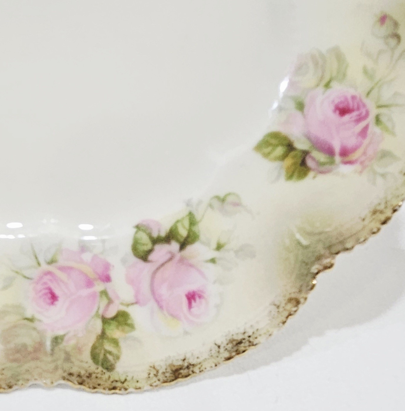 Antique RS Prussia Germany 6 3/8″ Dessert Plate Pink Roses Green & Gold Gilt Rim