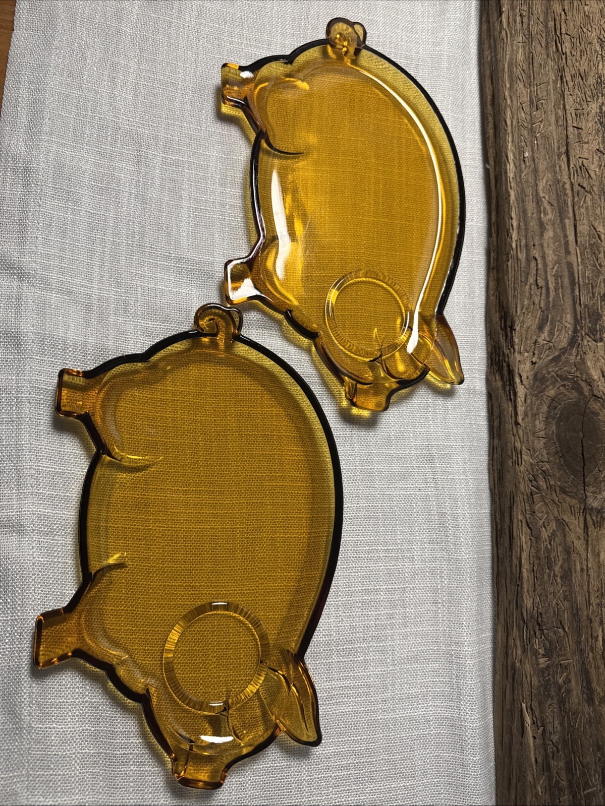 2 Set Of Vintage Amber Tiara Pig Shaped Snack Plate Cup Holder By Indiana Glass