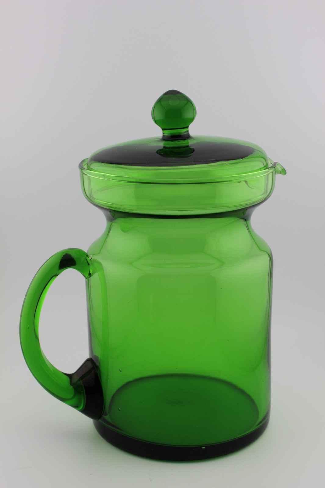 Hand-Blown Glass Drink Pitcher w/ Lid Forest Green MCM Applied Handle 9 3/8″ H