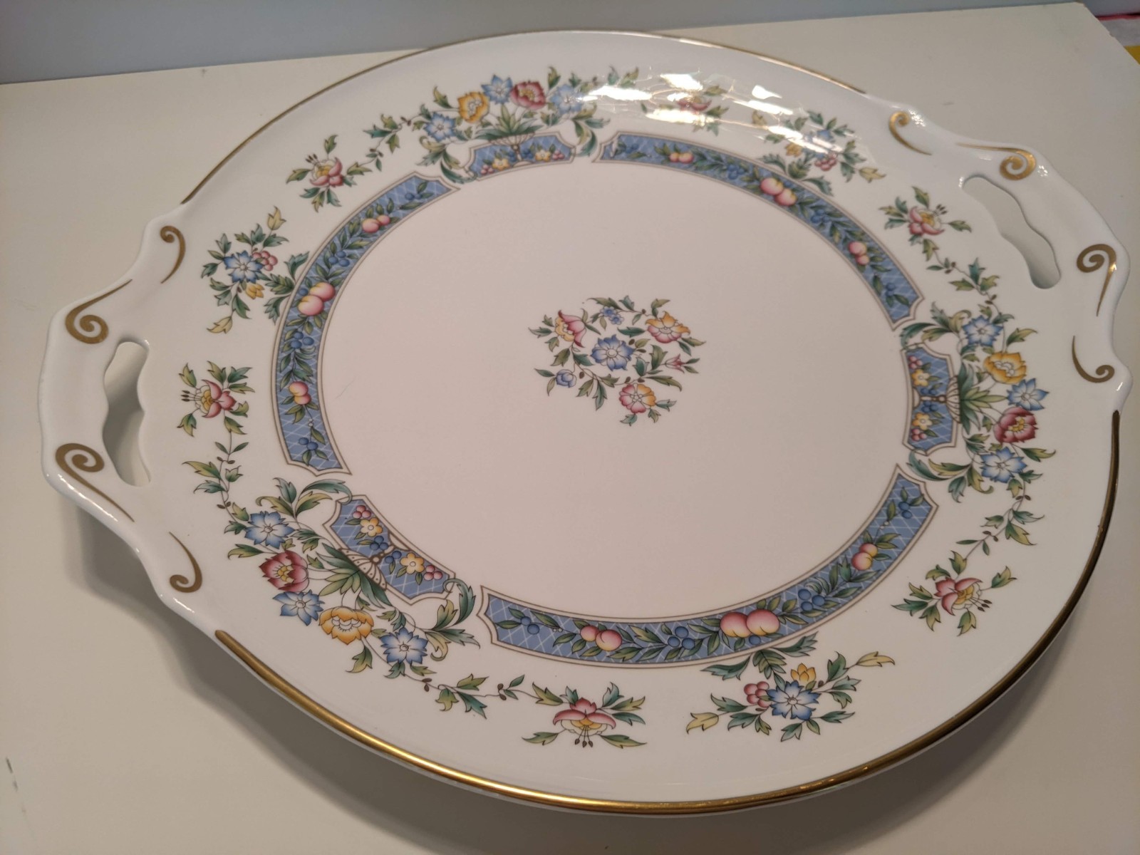 Round Handled Porcelain Cake Platter Floral Pattern Blue Border Gold Trim