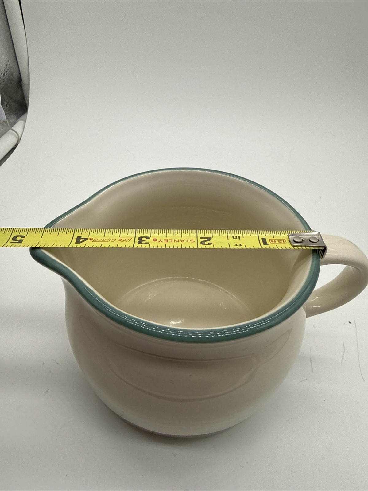 Pfaltzgraff Juniper Creamer Saucer Pitcher Ivory Green / Mauve Bands Made In USA