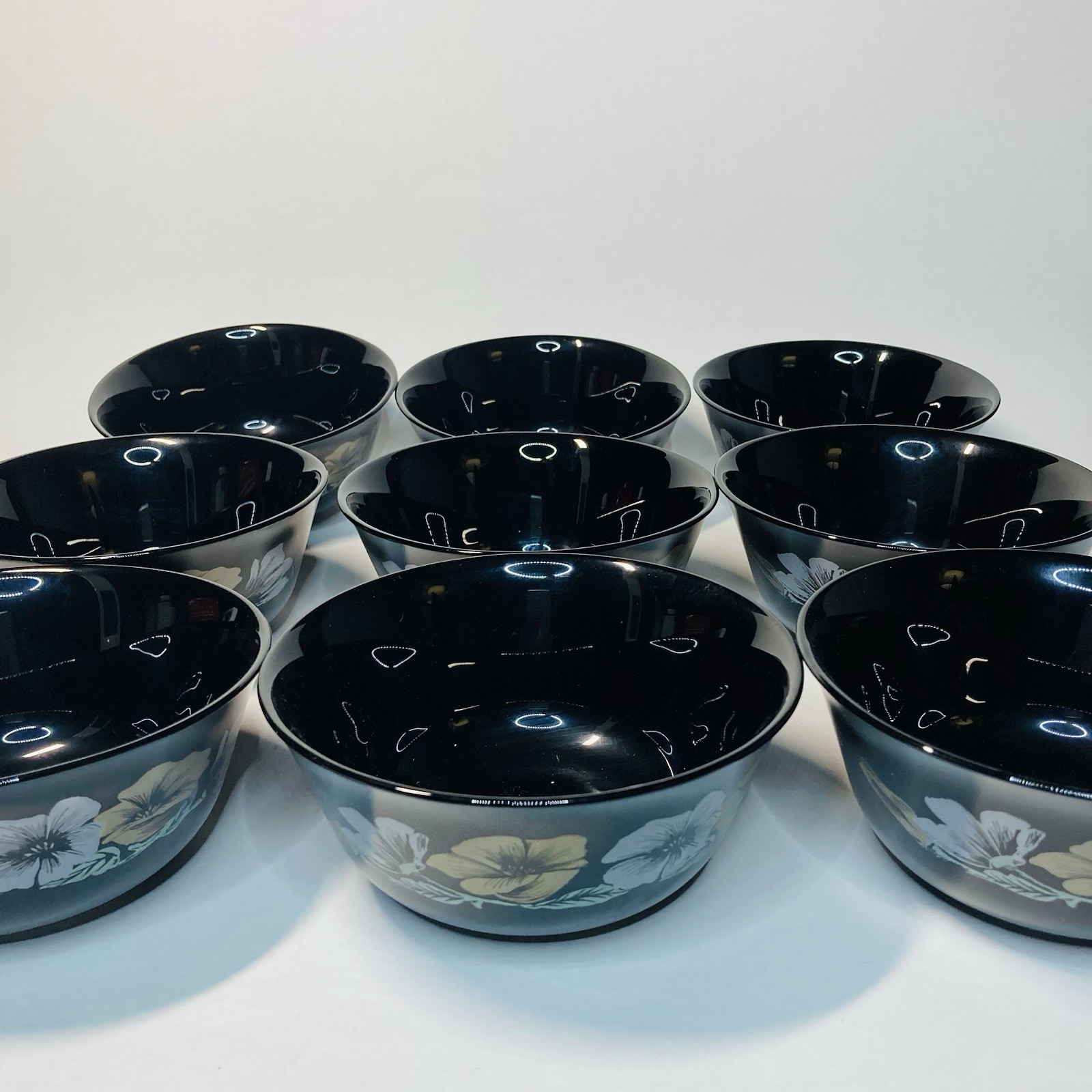 9pc Arcoroc JULIE Berry Fruit Bowl Black Glass France Gold Floral Vintage