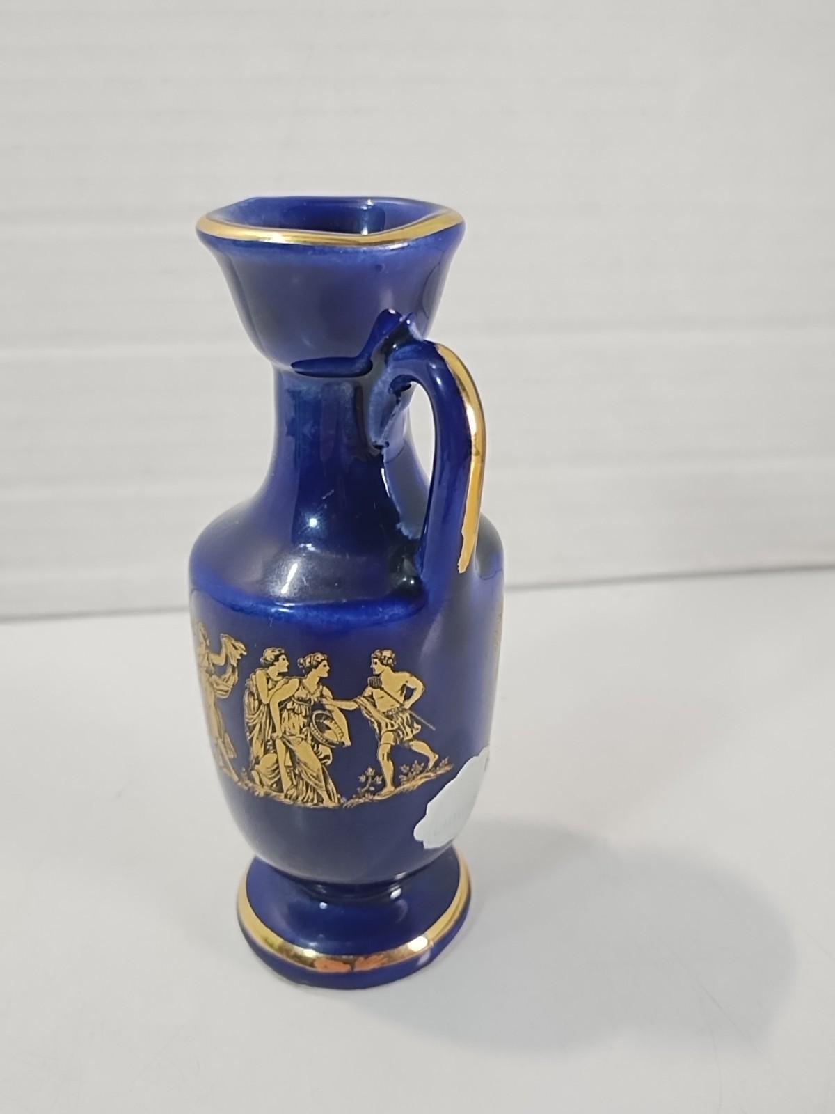 LIMOGES Porcelain Miniature Vase Greek Style Blue/ Gold 4.25” Pitcher w/ Handle
