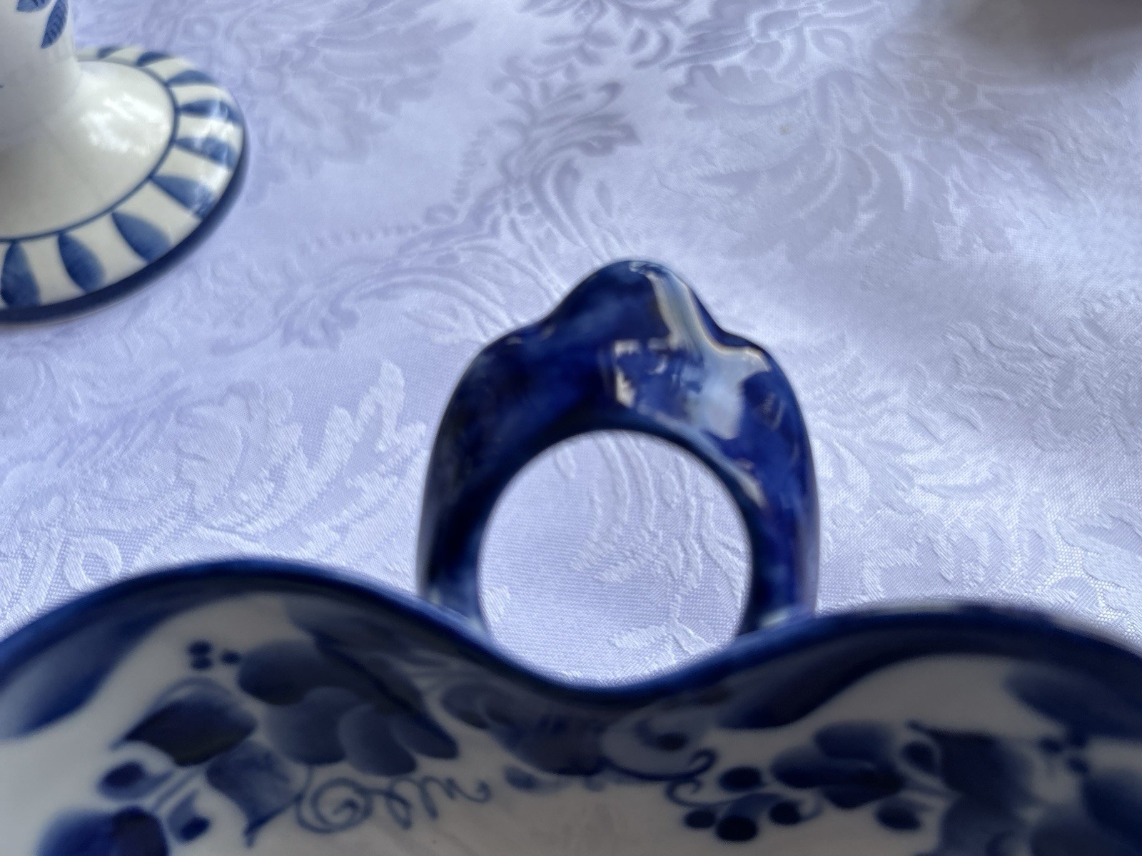 Гжель Blue White Porcelain Scalloped Bowl Hand Painted Floral Russian Art