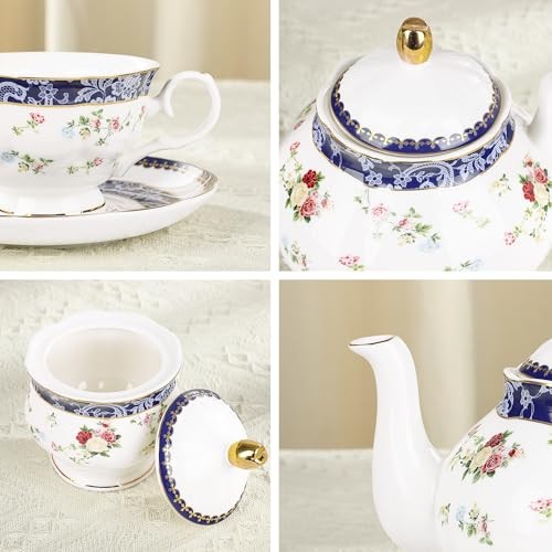 Bone China Tea Sets for Adults, 21-Piece Blue Lace and Roses Blue and Roses
