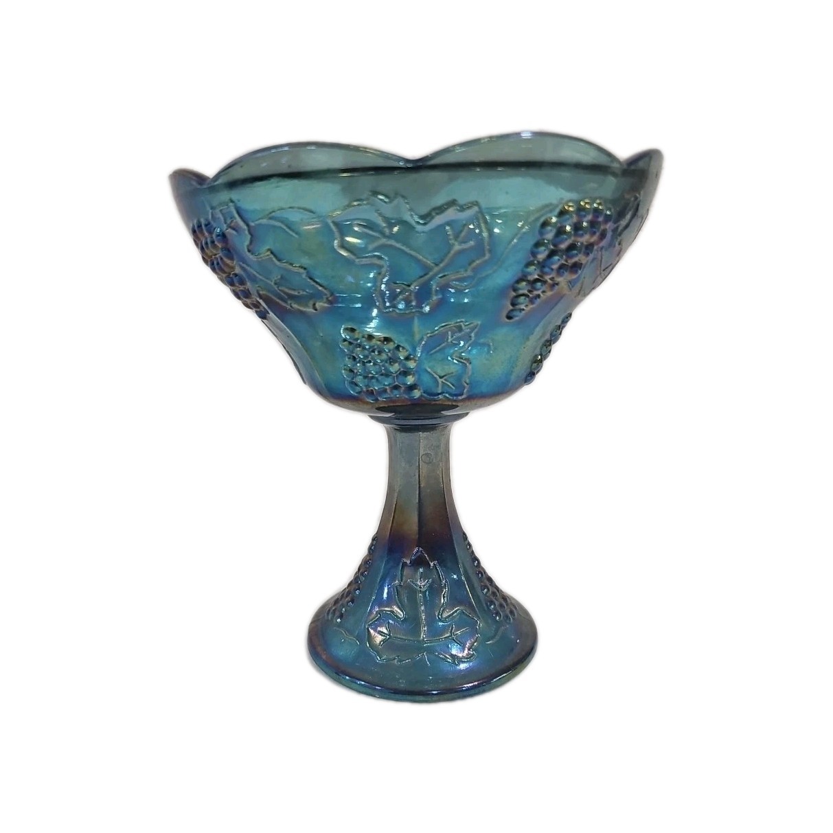 Vtg Iridescent Blue Carnival Glass Candy Dish Pedestal Bowl Grape Indiana 8″