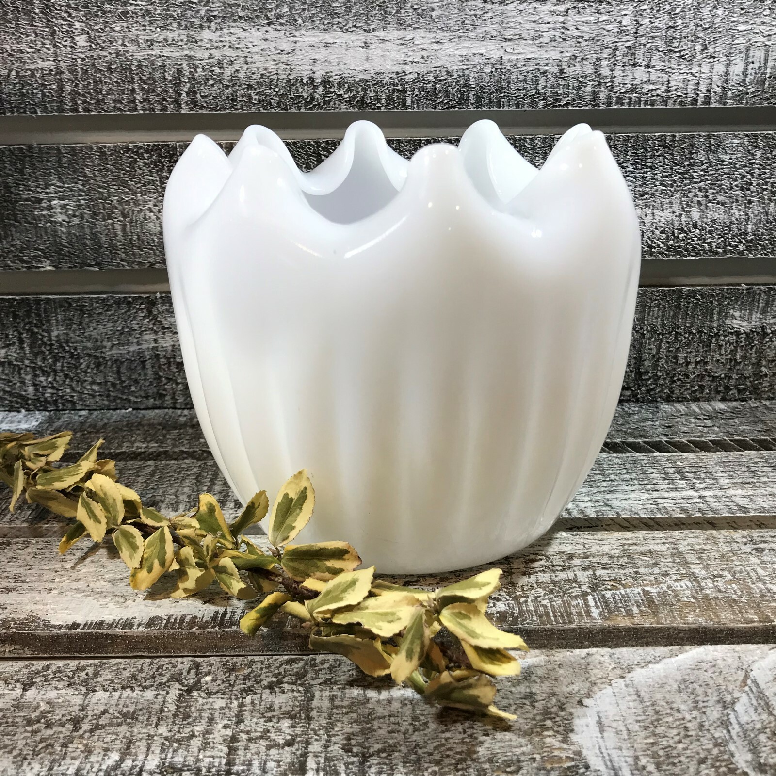 Vintage Milk Glass Vase Planter Scalloped Pinched Pleat Crimped Rim Ribbed Side