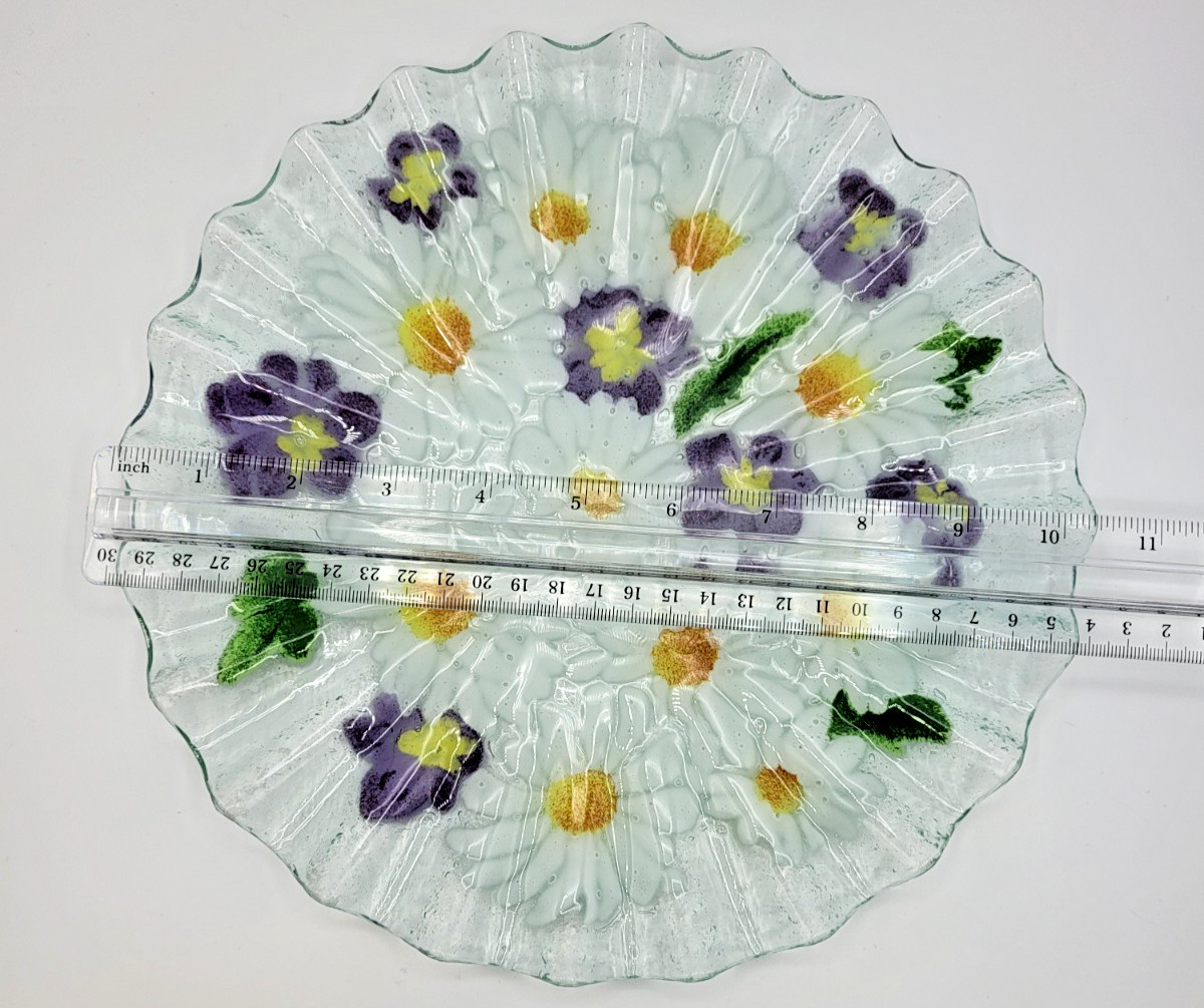 Folio Signed Fused Art Glass Plate Daisy & Pansy 10.25″ Ruffled Edge Hand Made