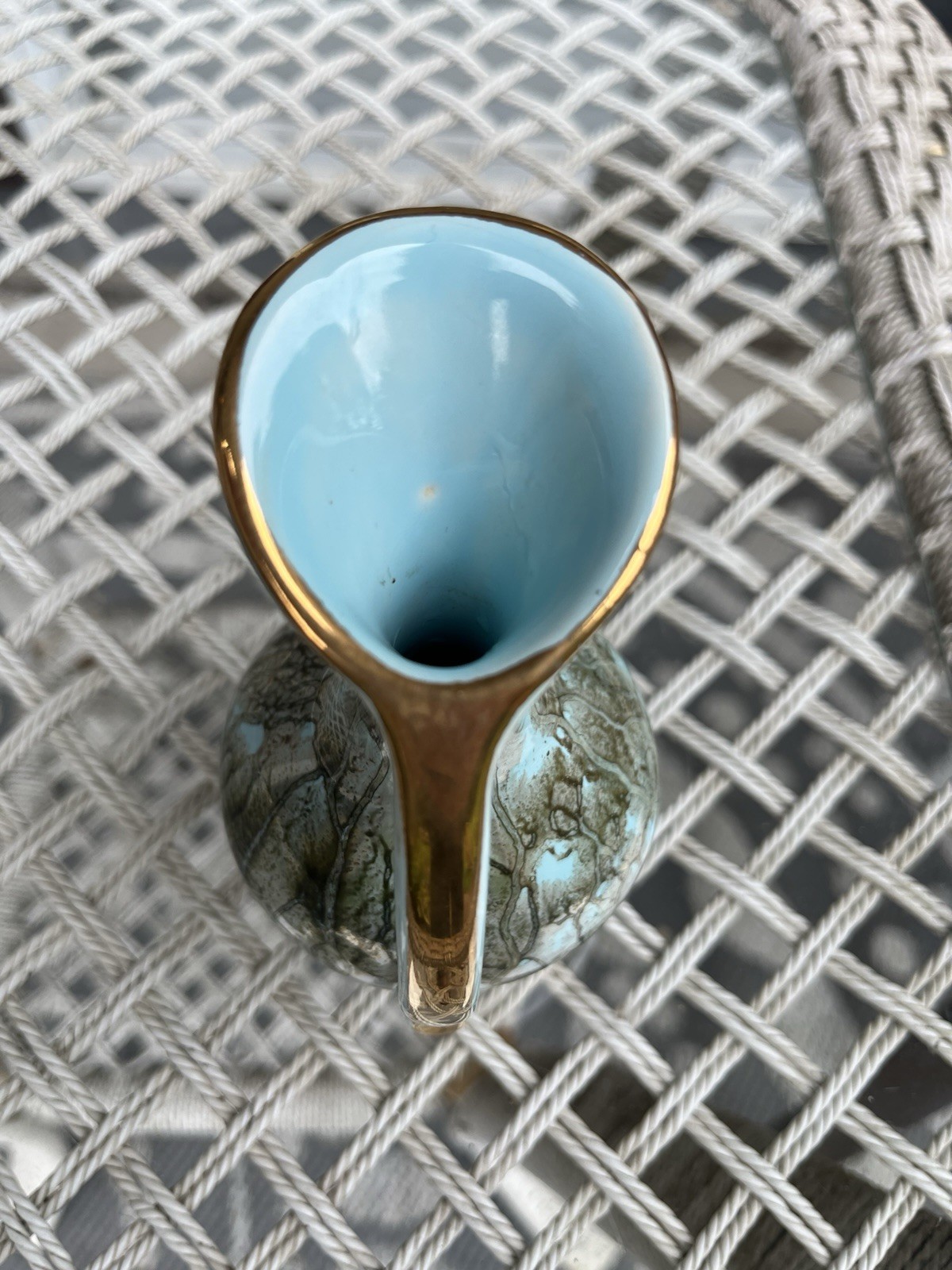 Vtg Delft Hand Painted Small Ceramic Pitcher Blue And Gold Tone Swirled 5 In