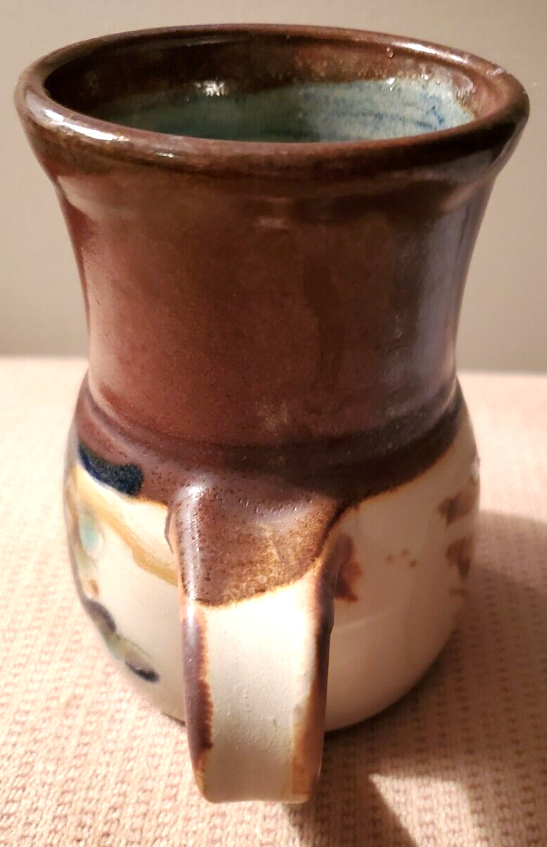 Art Pottery Mug Brown Tan Blue Gray Signed Ron Hulu or Lulu Possibly Studio Art