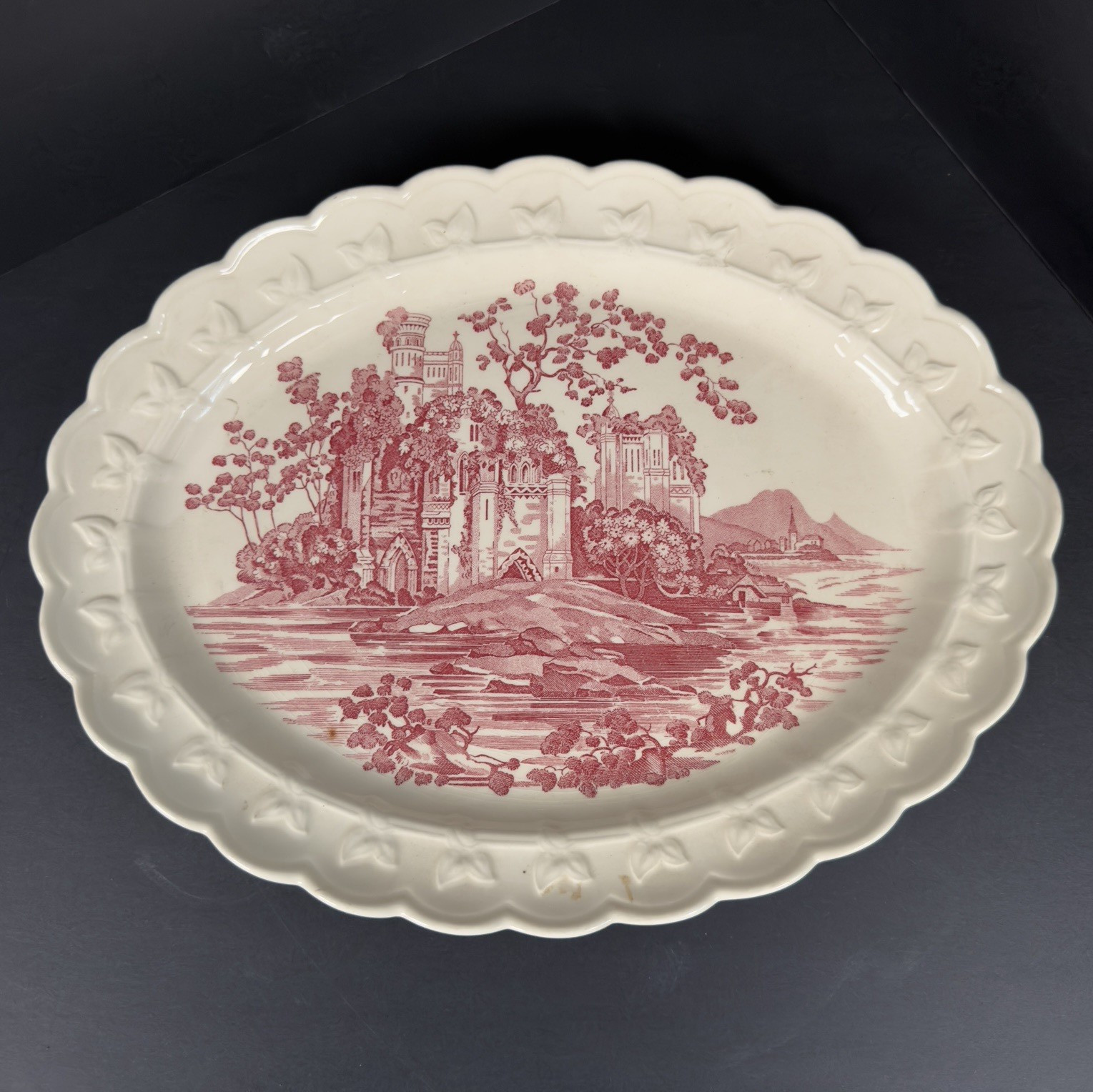 Vtg 1949 Taylor Smith Taylor Pink Transferware Platter Castle Embossed Rim Leaf
