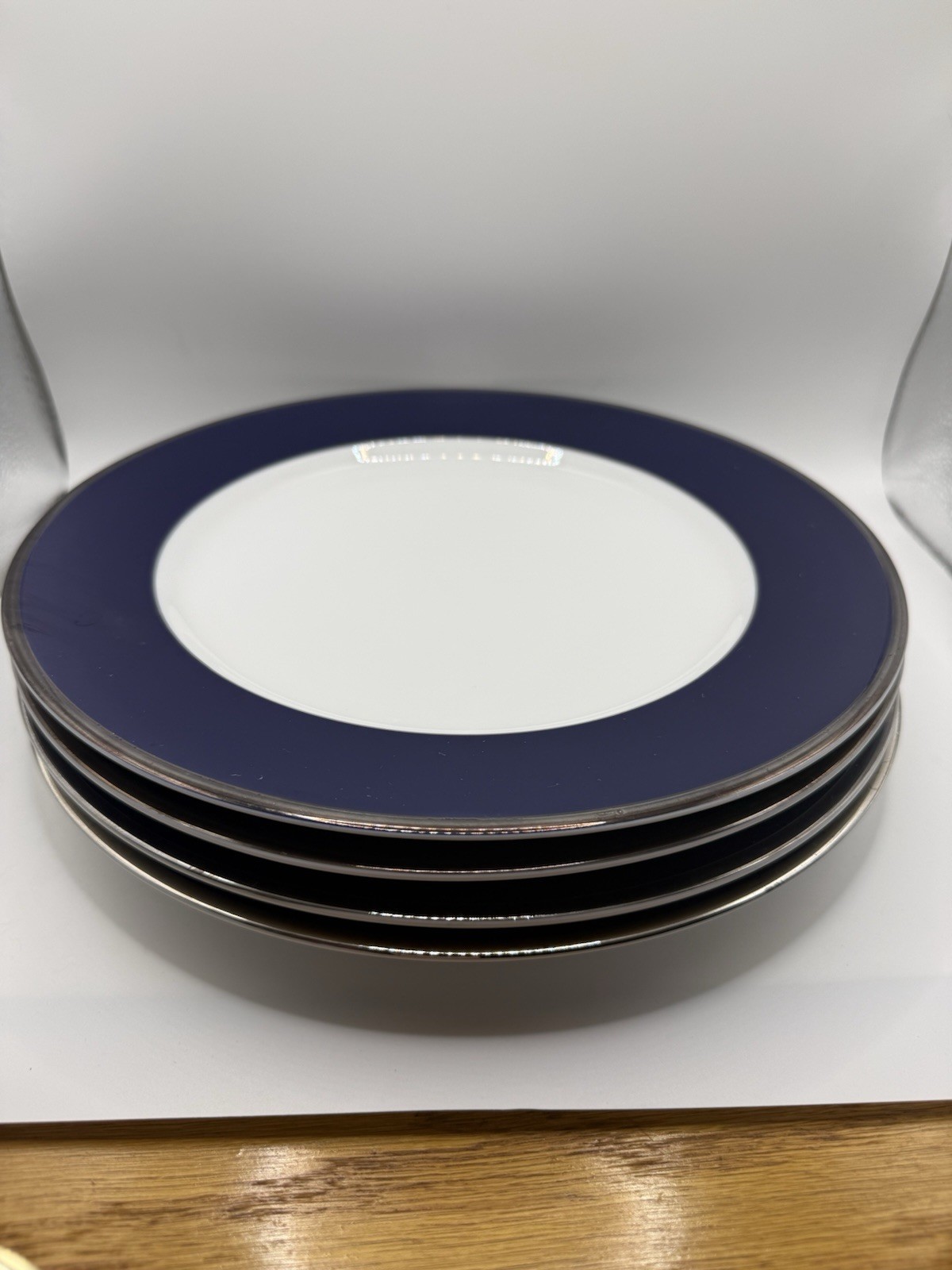 💙🩵 Crate & Barrel Platinum Cobalt Blue Dinner Plates Lot 3 Navy Silver White