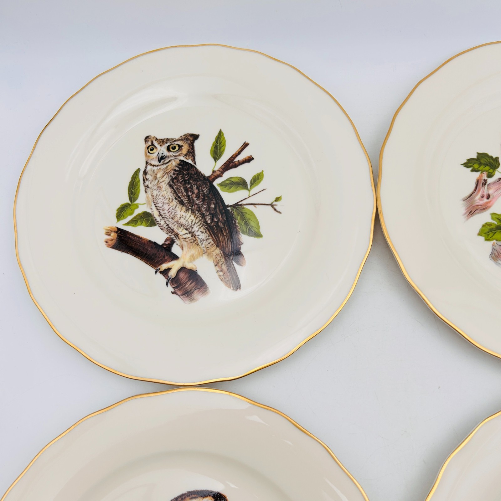 Vintage Pickard 4 Decorative Owls Plates Gold Trim Hangers MCM Birds Wall Art