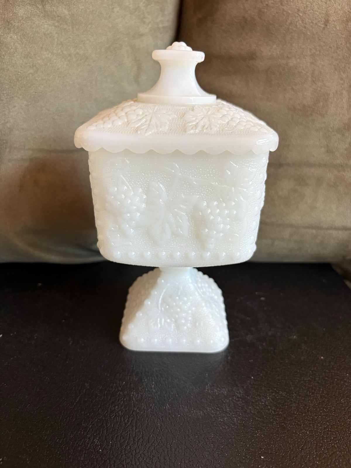 Milk Glass White Vintage Pedestal Lidded Candy Dish Raised Grapevine Design…