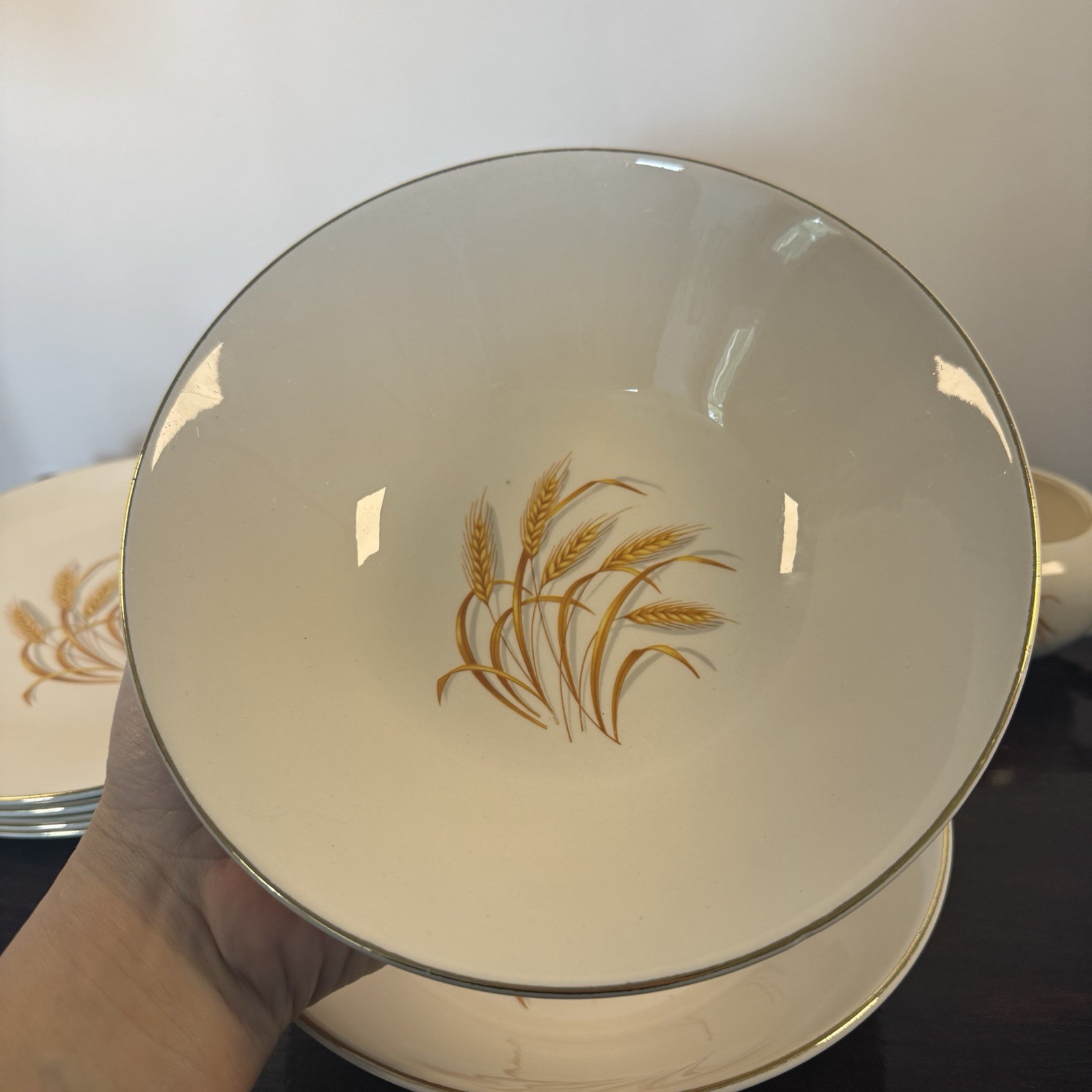 Homer Laughlin Vintage Golden Wheat 7 Piece Lot Plates Bowls Gravy Boat 22K Gold
