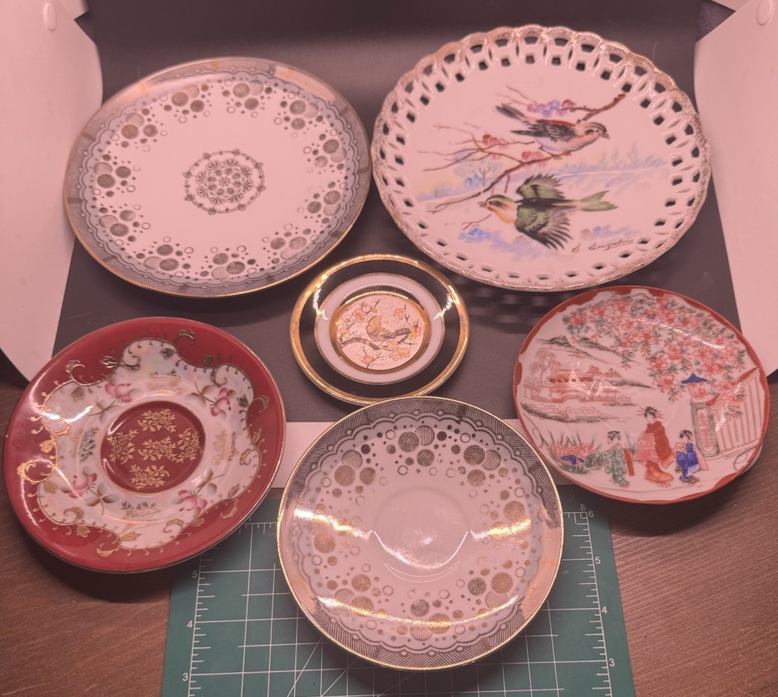 Vintage Mismatched China Birds Gold Red Plates Plate Wall Lot Of 5
