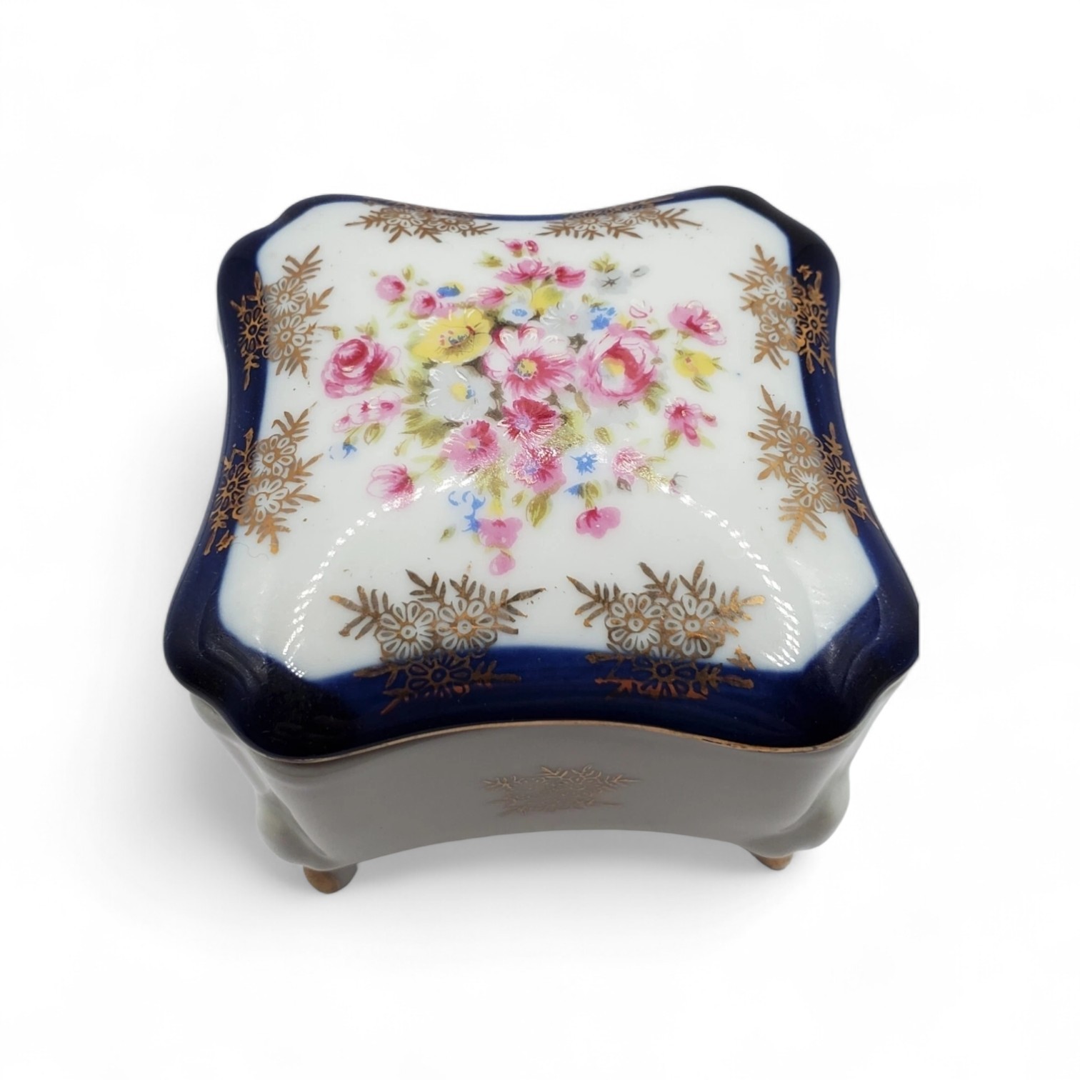 Echt Kobalt Trinket Box Porcelain Floral Design Blue Pink Gold
