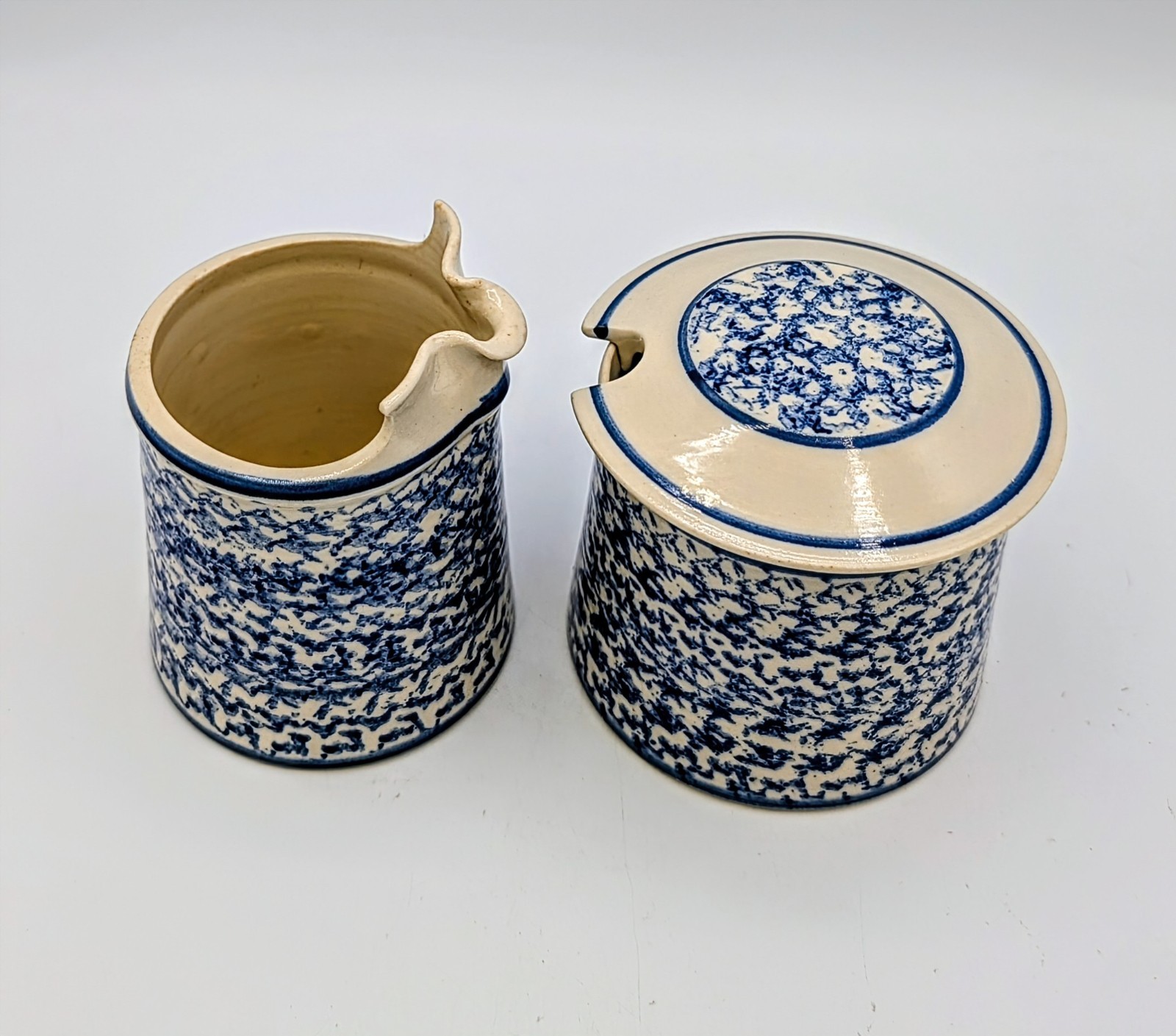 Signed Studio Pottery Blue Spongeware Creamer & Covered Sugar Bowl Stoneware