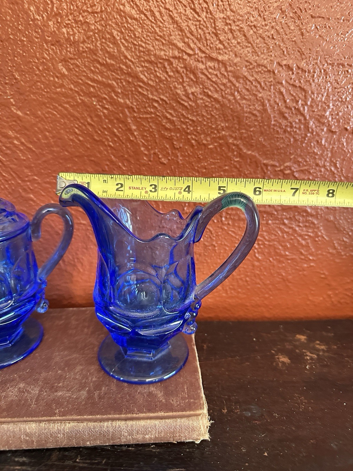 Fostoria HFM Henry Ford Museum Blue ARGUS Covered Sugar Bowl and Creamer