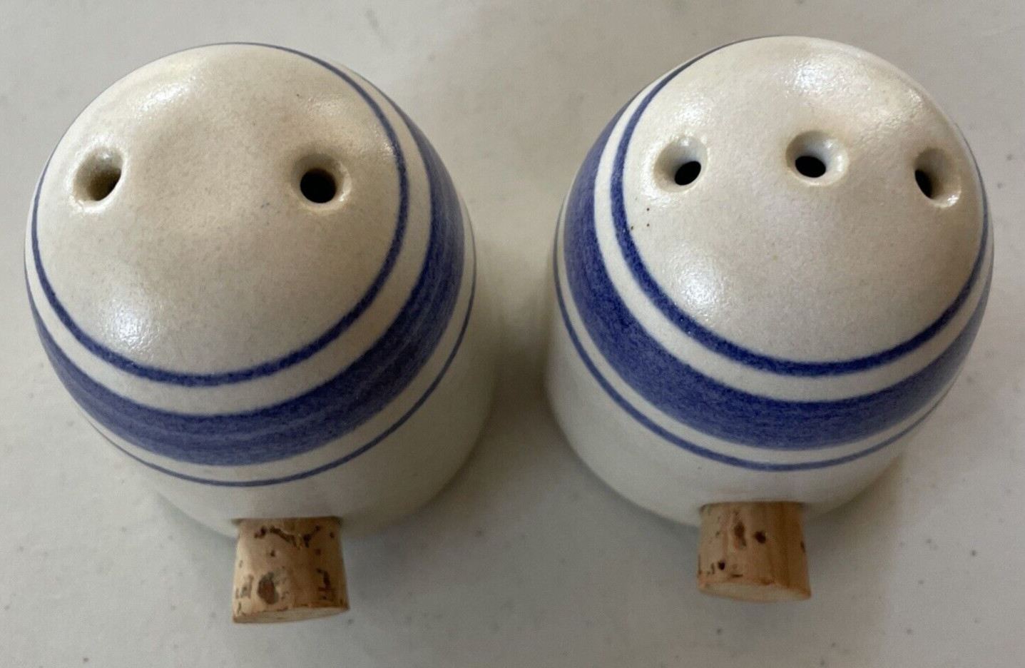 Handmade Pottery Salt & Pepper Dome Shakers Blue Beige Signed Corked Cottagecore