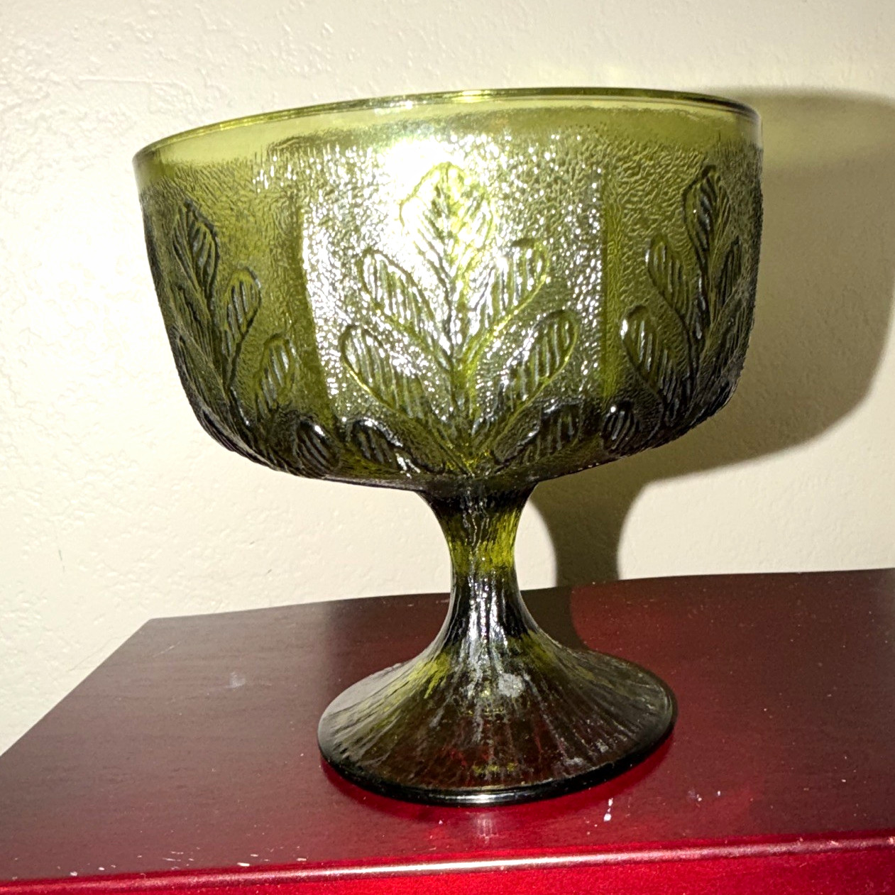 Vintage 1978 FTD Green Glass Compote Bowl Pedestal Dish Oak Leaf Embossed Retro