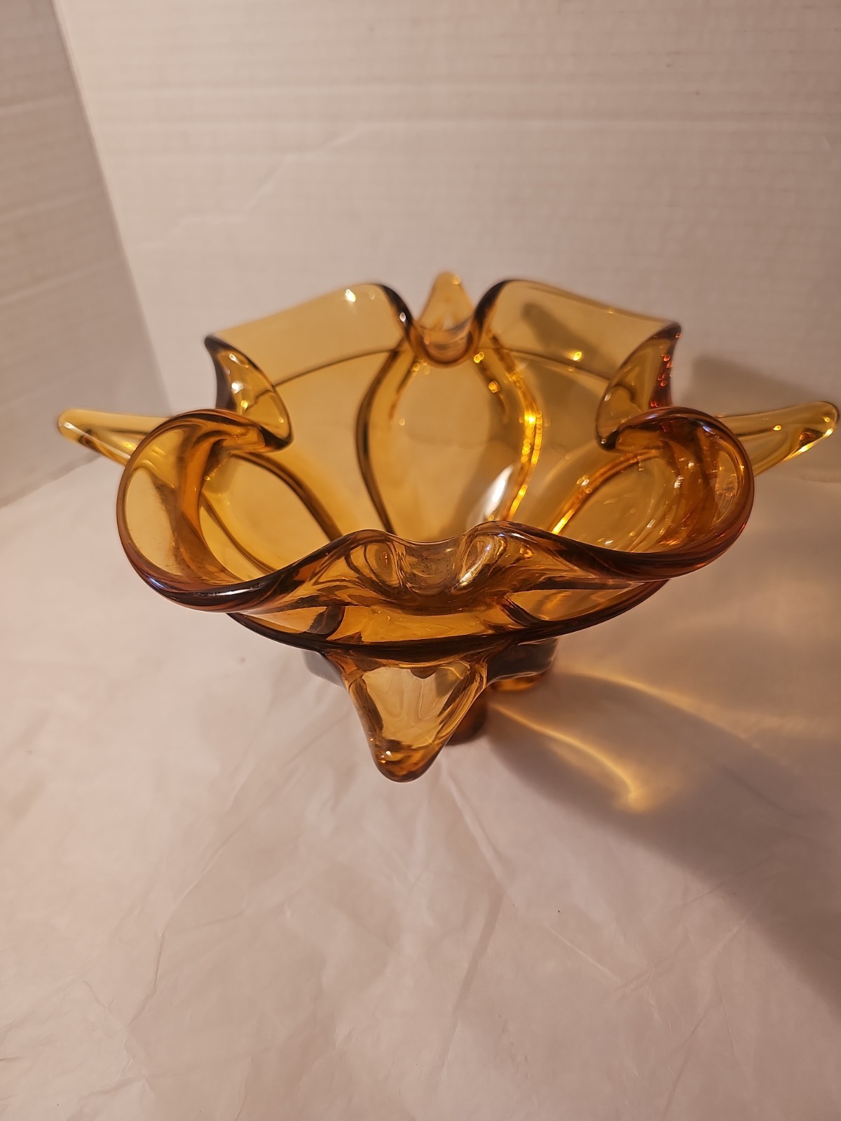 Viking Amber Chalet Four Point Ruffled Art Glass Bowl Dish Tray Vintage 9.25 In