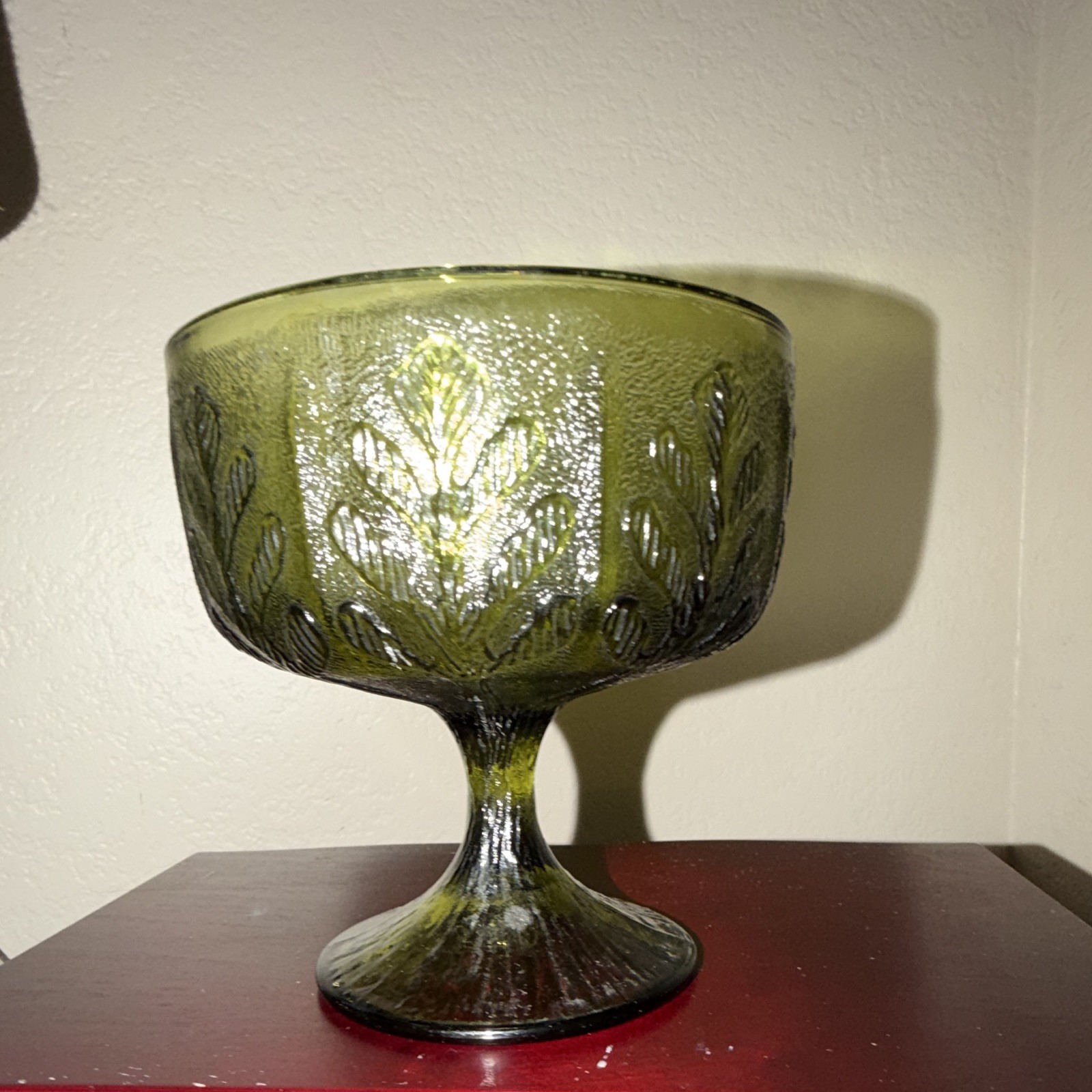 Vintage 1978 FTD Green Glass Compote Bowl Pedestal Dish Oak Leaf Embossed Retro