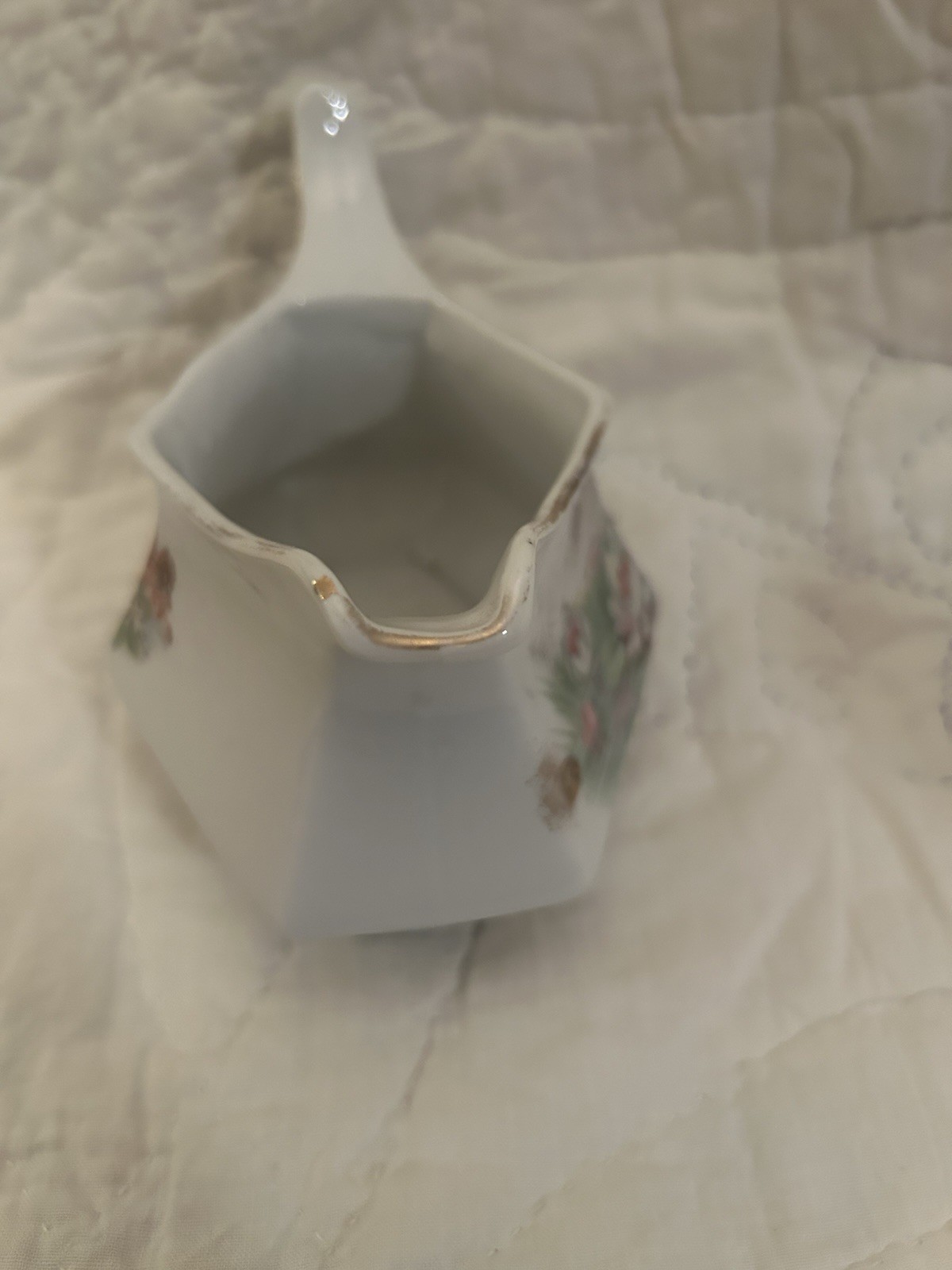 Porcelain Floral Gravy Boat, Hexagon Shape, White Pink Green, 6 in Glossy
