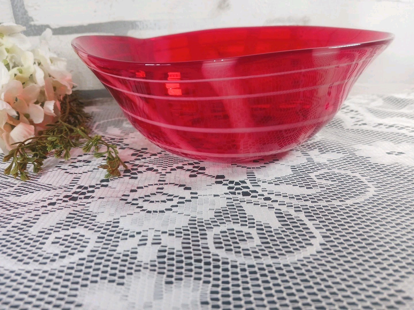 Glass Red White Swirl Hand Blown Art Glass Candy Bowl Asymmetrical Holiday Decor
