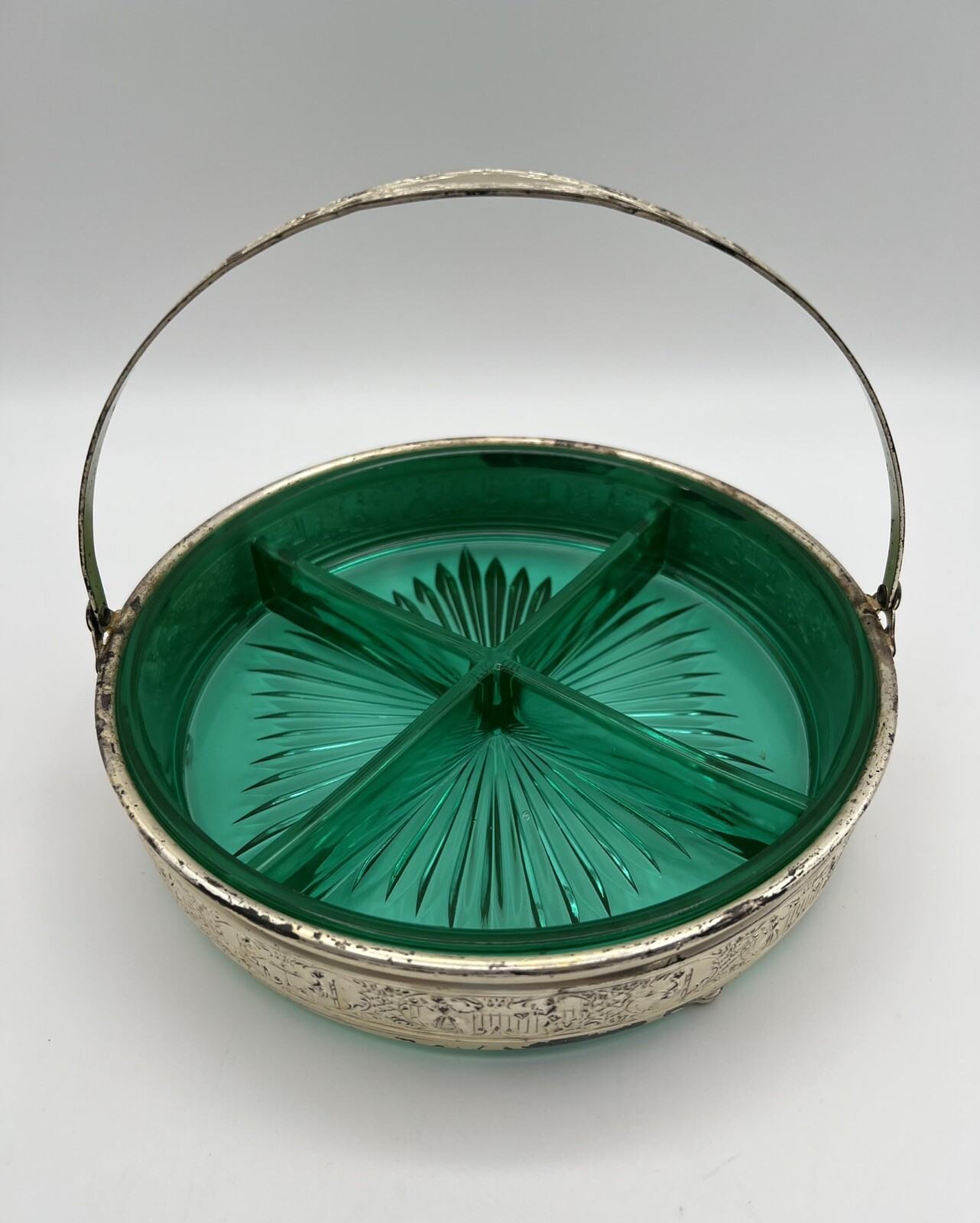 Uranium Glass Emerald Green Divided Relish Nut Dish Metal Silver Basket 8” VNTG