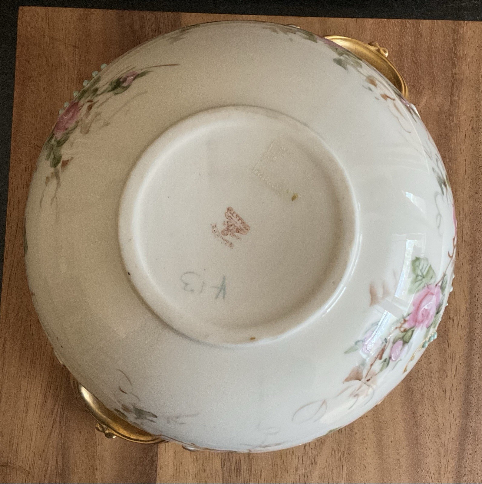 WILLETS BELLEEK Hand Painted Roses HANDLED BOWL Ruffle Rim Antique Late 19th CE