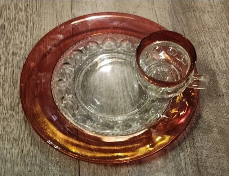 Vintage Ruby Flashed Snack Plate & Cup Set Kings Crown Thumbprint Glass Tiffin