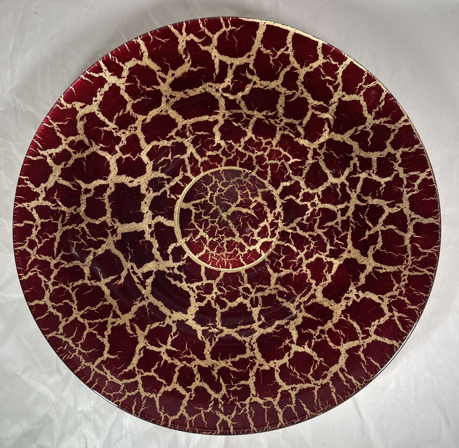 15″ Red Glass Serving Plate Red with Gold Foil Round Fantasia Collection ITALY